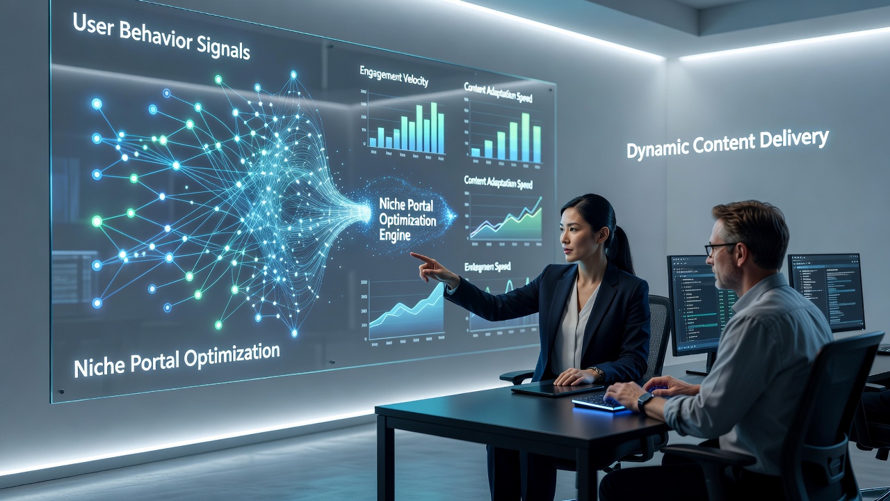 Illustration of dynamic content personalization engine processing user signals across multiple niche portal interfaces