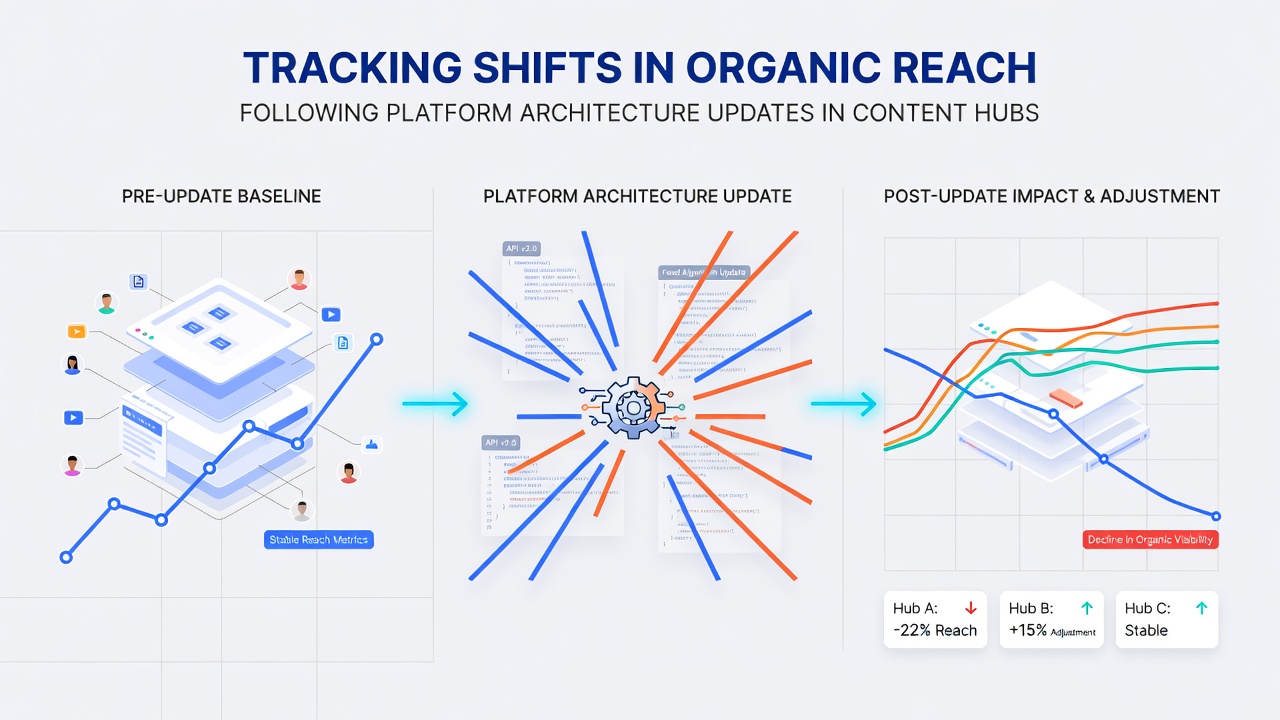 Analytics chart illustrating organic traffic trends across multiple content hubs after architecture updates in late 2026